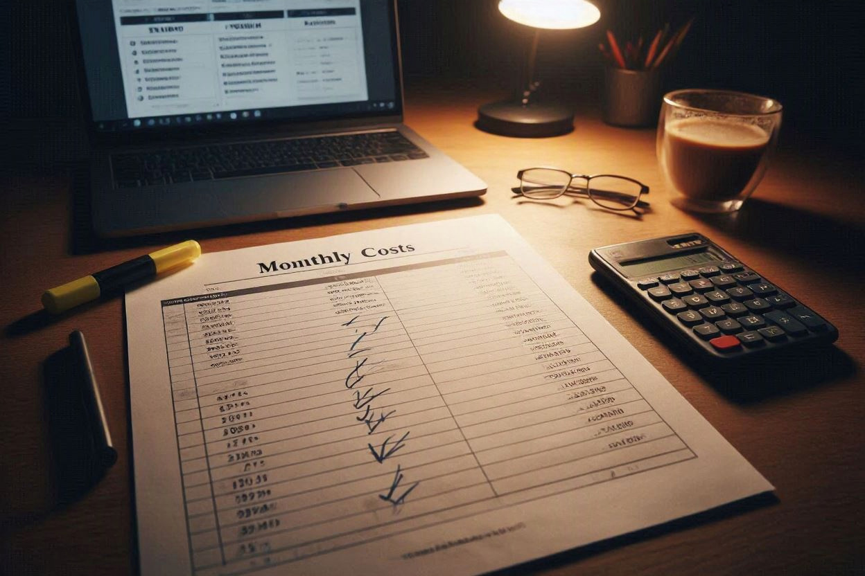 Printed cost comparison spreadsheet with handwritten corrections and a highlighter beside a laptop showing software plans
