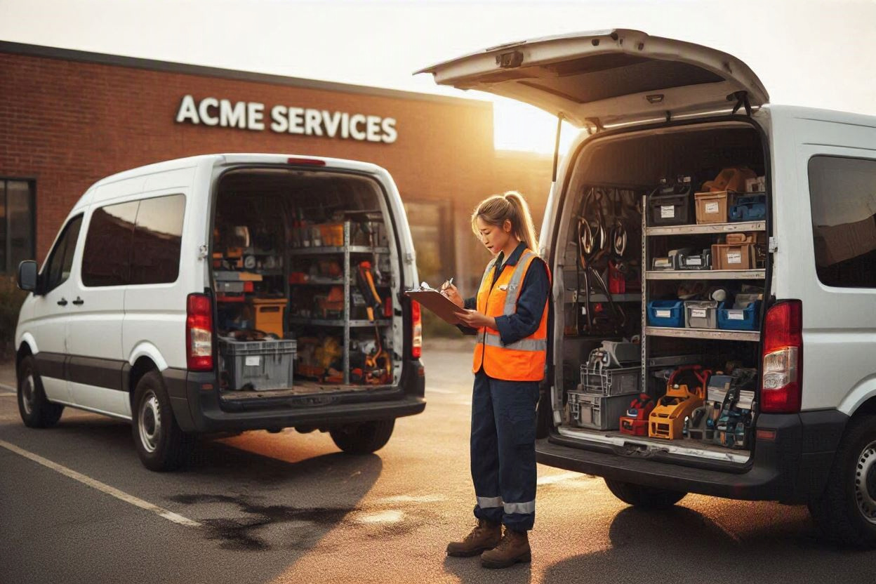 Two service vans parked side by side with rear doors open as a technician compares notes in the company lot