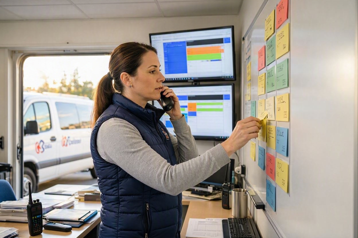 Dispatcher moving magnetic job cards on a wall board while coordinating HVAC technicians by phone