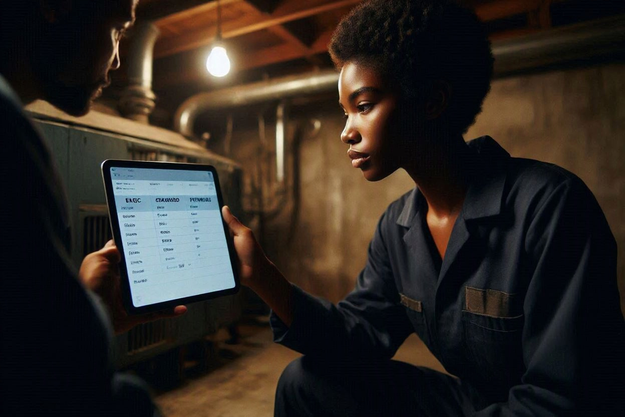 HVAC technician presenting tiered flat-rate repair pricing options on a tablet beside a residential furnace