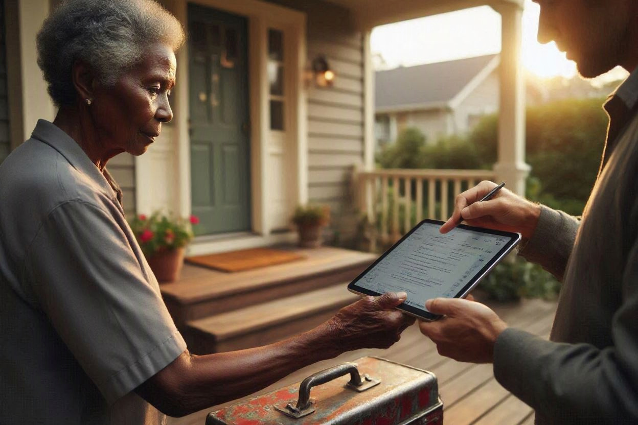 Homeowner signing a completed HVAC service invoice on a technician's tablet at the front door