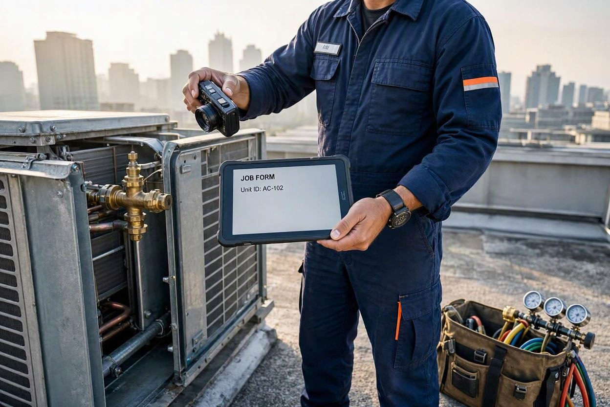 HVAC technician photographing a rooftop air conditioning unit with a tablet to document a service call