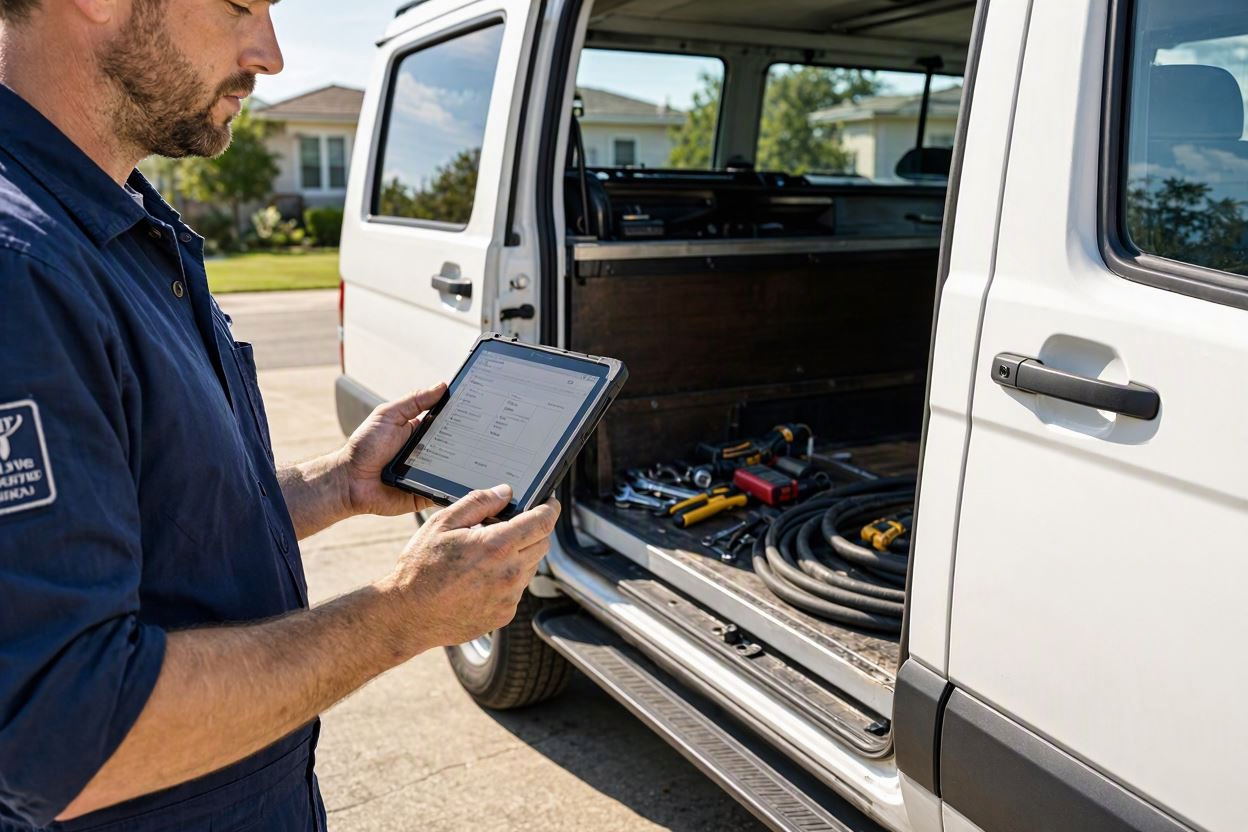 HVAC technician reviewing a dispatch schedule on a tablet beside a white service van