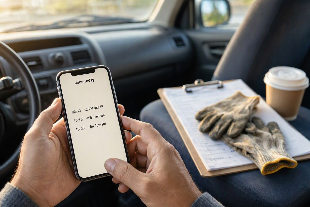 Field service technician viewing a job schedule on a smartphone in a work vehicle