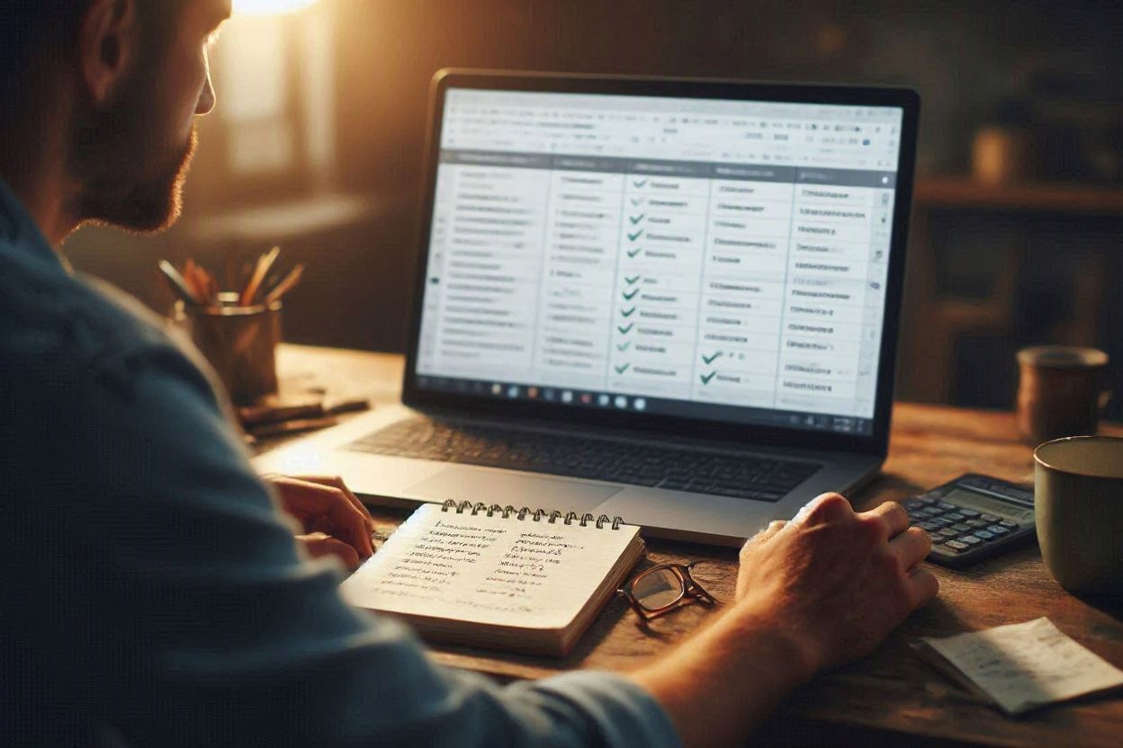 Contractor comparing subscription plan tiers and monthly costs on a laptop at a kitchen table