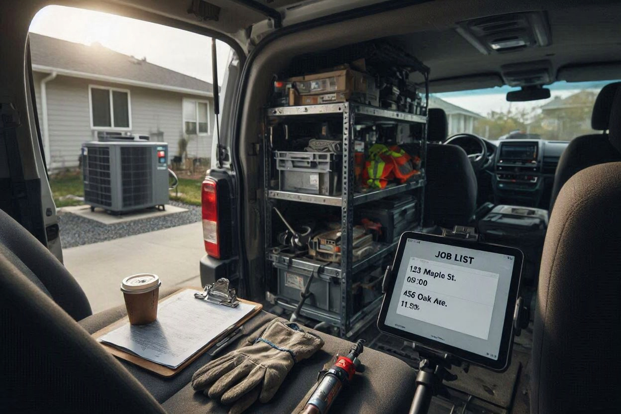 HVAC service van interior with a job scheduling app open on a dash-mounted tablet at a residential job site