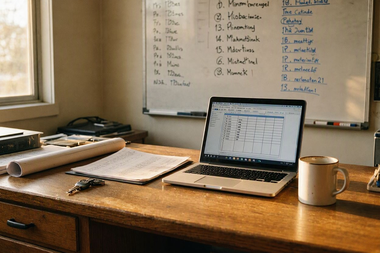 Small HVAC company office desk with dispatch scheduling software open on a laptop, whiteboard and van keys in view