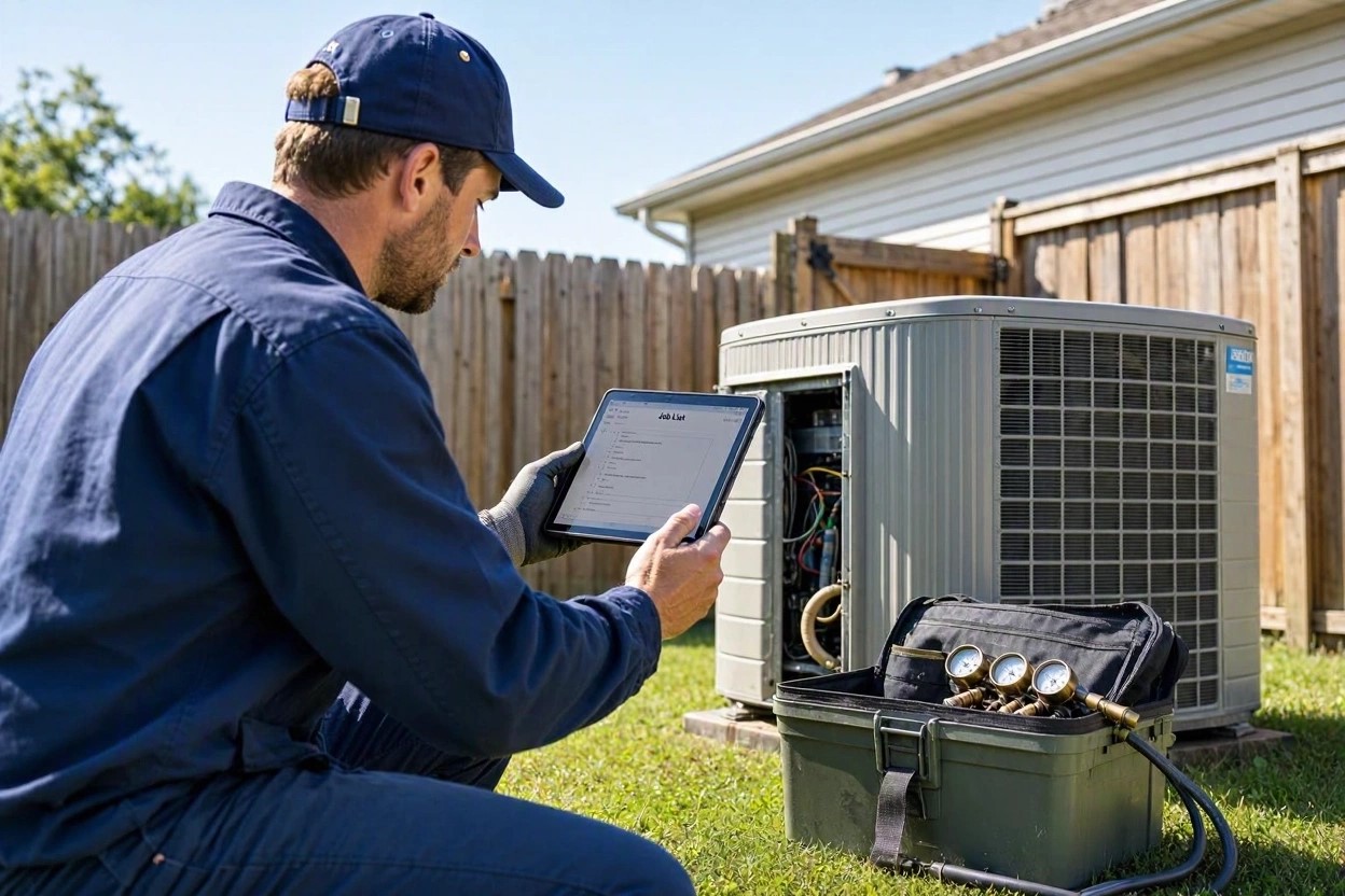 HVAC technician with a tablet working on an outdoor air conditioning condenser unit during a residential service call