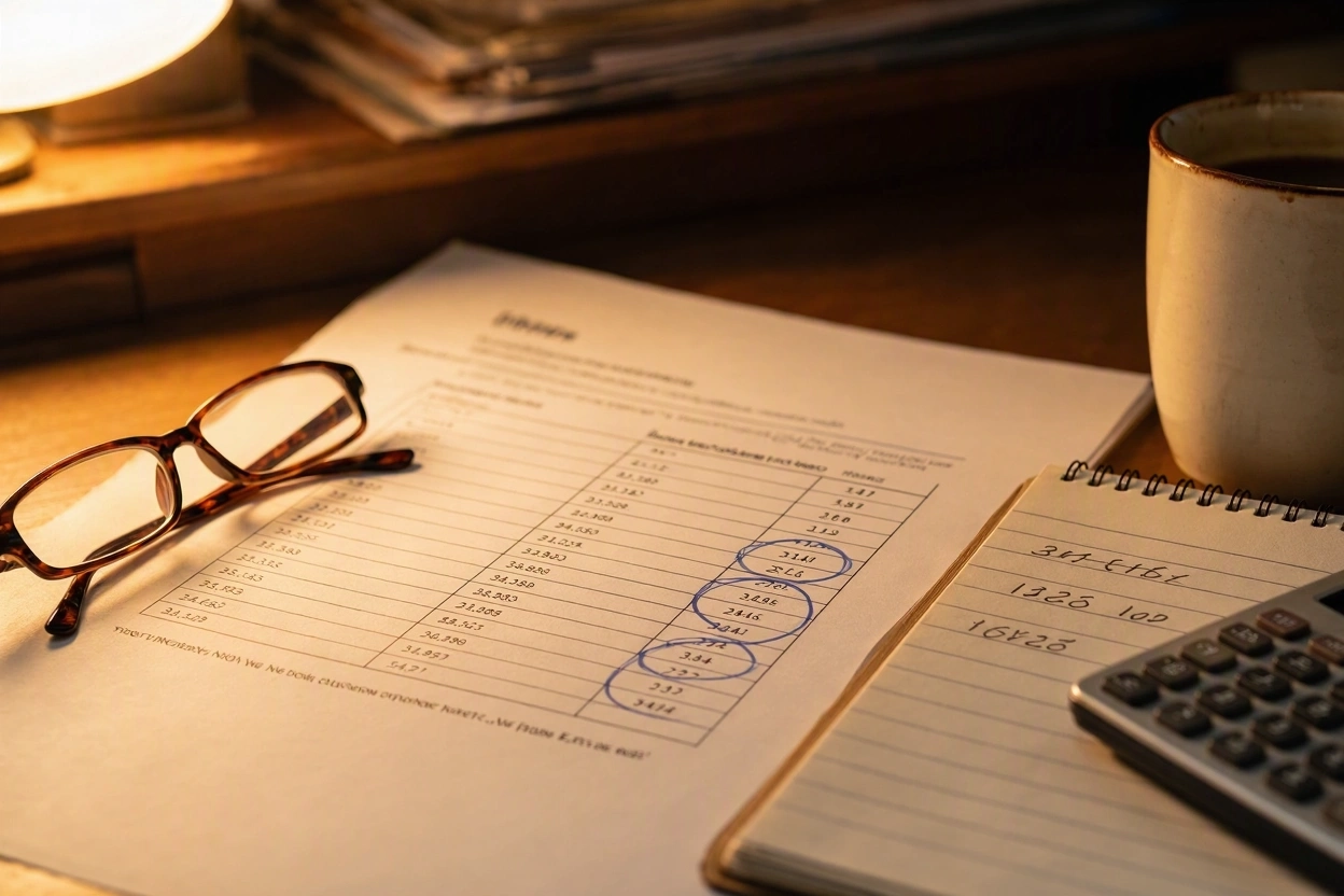Printed software pricing page with two columns of figures, one circled in pen beside a notepad of monthly totals
