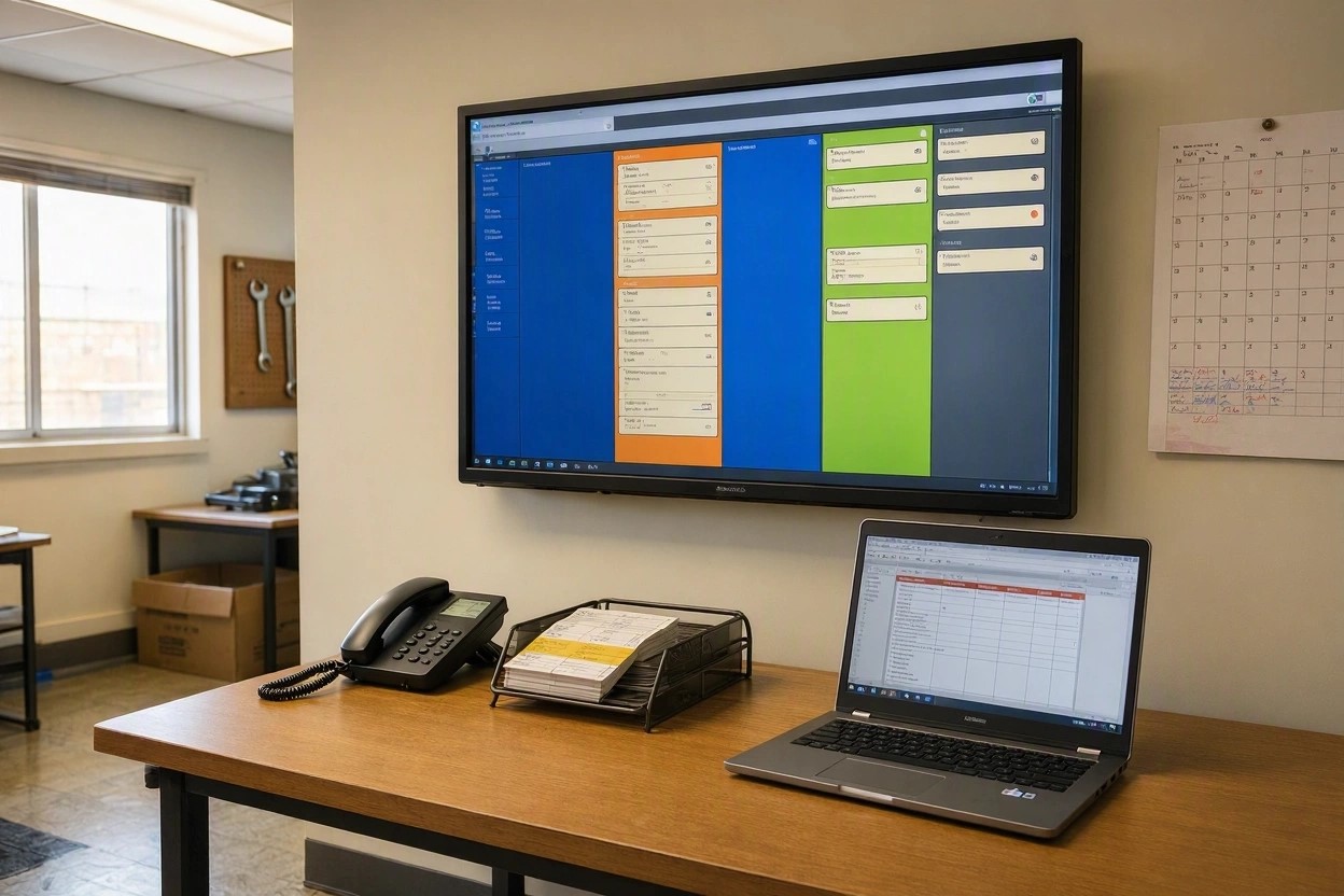 Small HVAC company office with a colour-coded dispatch board on a wall screen and service tickets on the desk