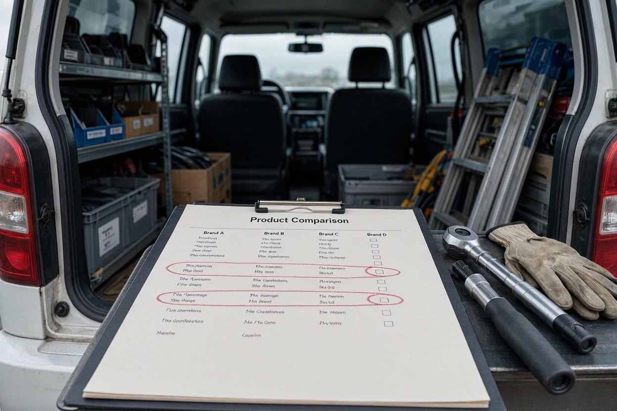 Printed feature comparison sheet on a clipboard with circled rows, resting on an open service van bumper