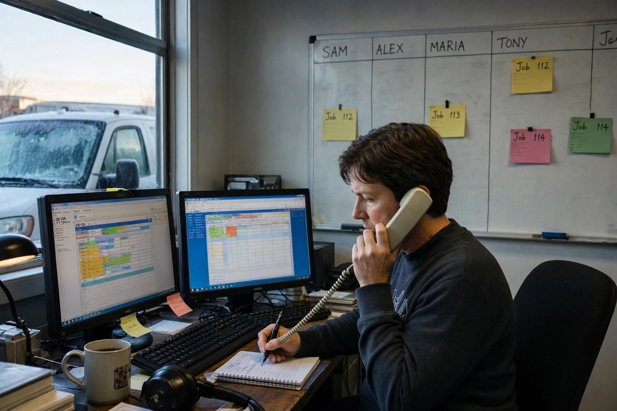 Dispatcher managing a colour-coded schedule on two monitors while taking a call in a small HVAC office