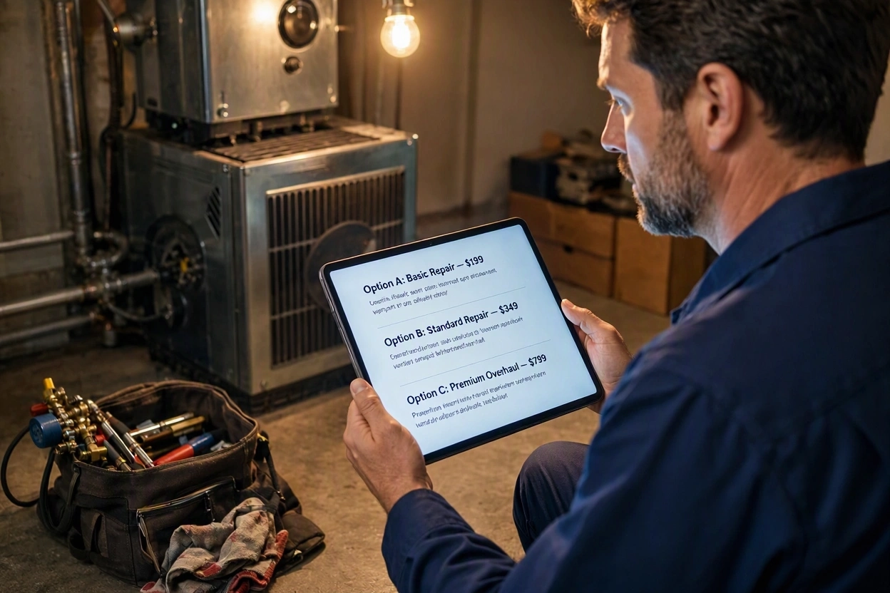 HVAC technician presenting three priced repair options on a tablet to a homeowner beside a residential furnace